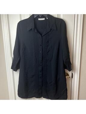 Coldwater Creek Blouse Long Shirt Dress Large 14-16 Petitie Black Pleated Button